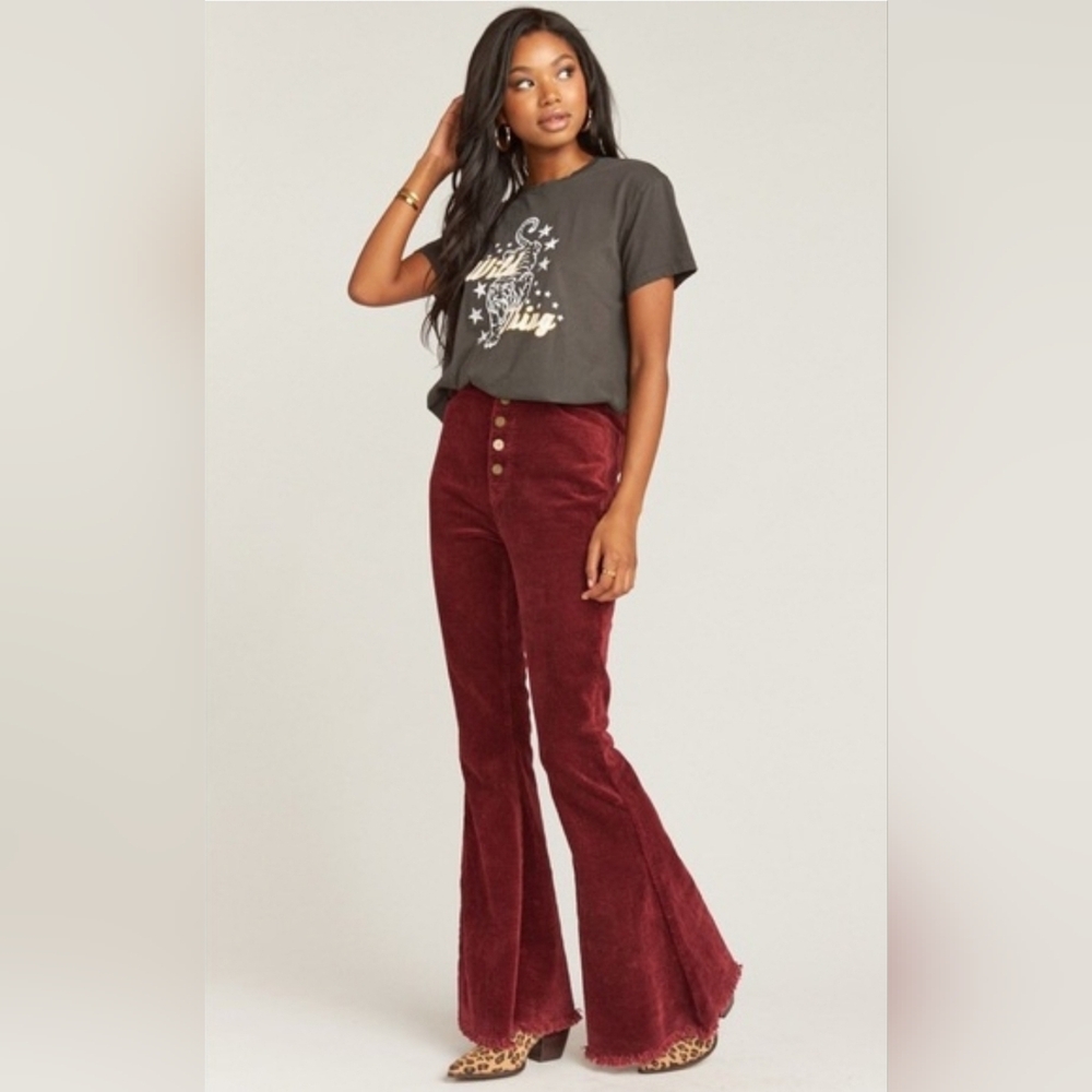 MUMU BLUE Cam Cam Button Up Bells High Rise Corduroy Cranberry Pants Flare